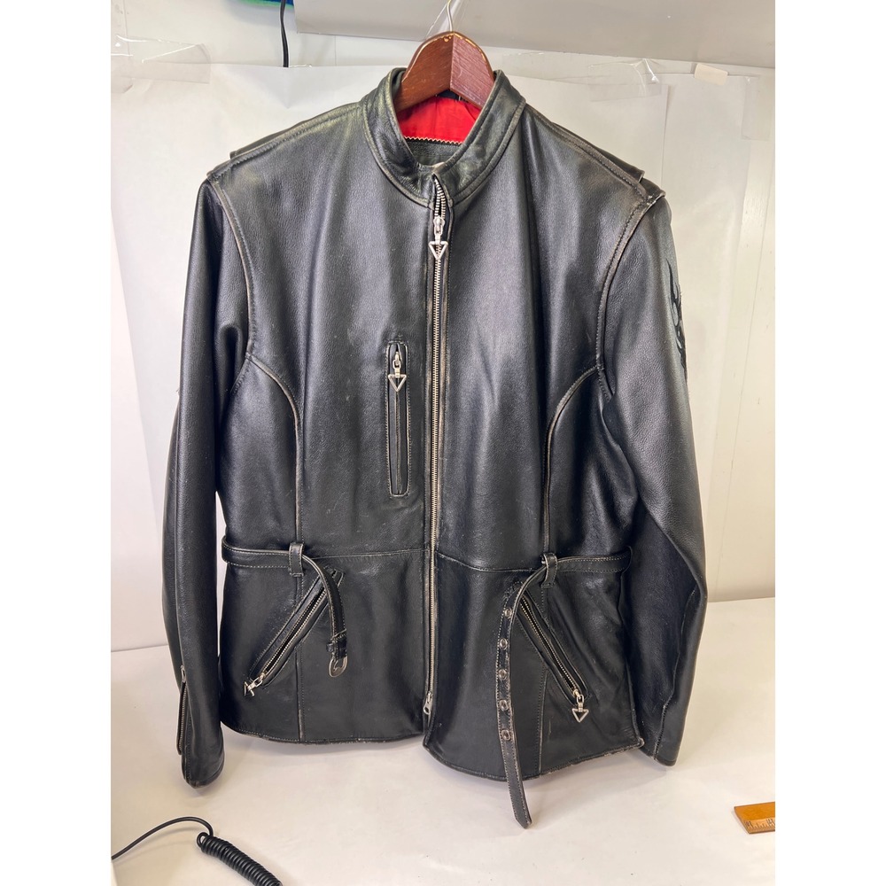 Harley-Davidson Womens Black Leather Motorcycle Jacket Red Lining Belted L/W